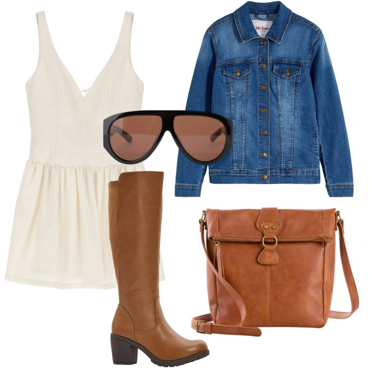 Outfit donna - Boho fine estate. Stile Boho per Tutti i giorni. Abbinamento con stivali, blazer, borse a tracolla, occhiali da sole, vestiti corti.