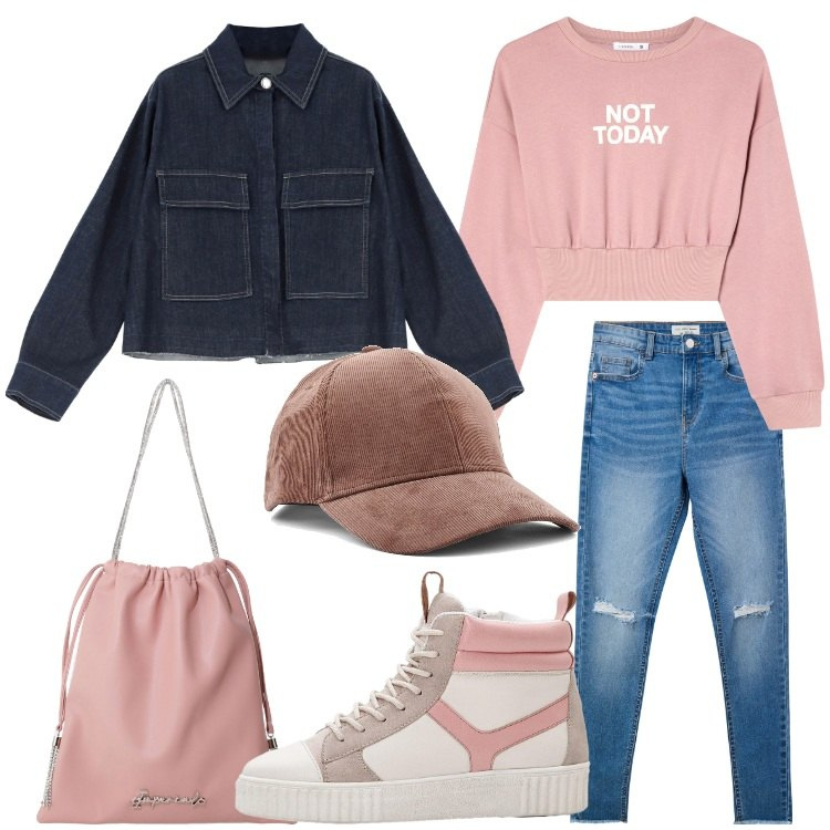Outfit donna - Il giubbino di jeans super versatile. Stile Casual per Tutti i giorni. Abbinamento con sneakers alte, jeans strappati, felpe, blazer, borse a secchiello, cappelli.