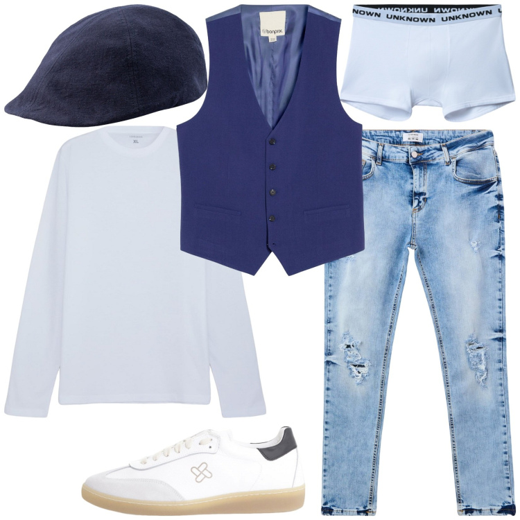 Outfit uomo - Total look #2250509. Stile Casual per Ufficio. Abbinamento con gilet, t-shirt, jeans strappati, boxer, sneakers, cappelli con visiera.