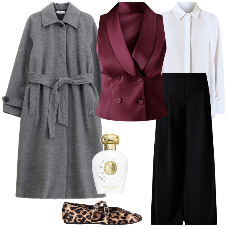 Outfit donna - Cappotto grigio. per Ufficio. Abbinamento con profumi, gilet, ballerine, camicie, pantaloni a palazzo, cappotti.