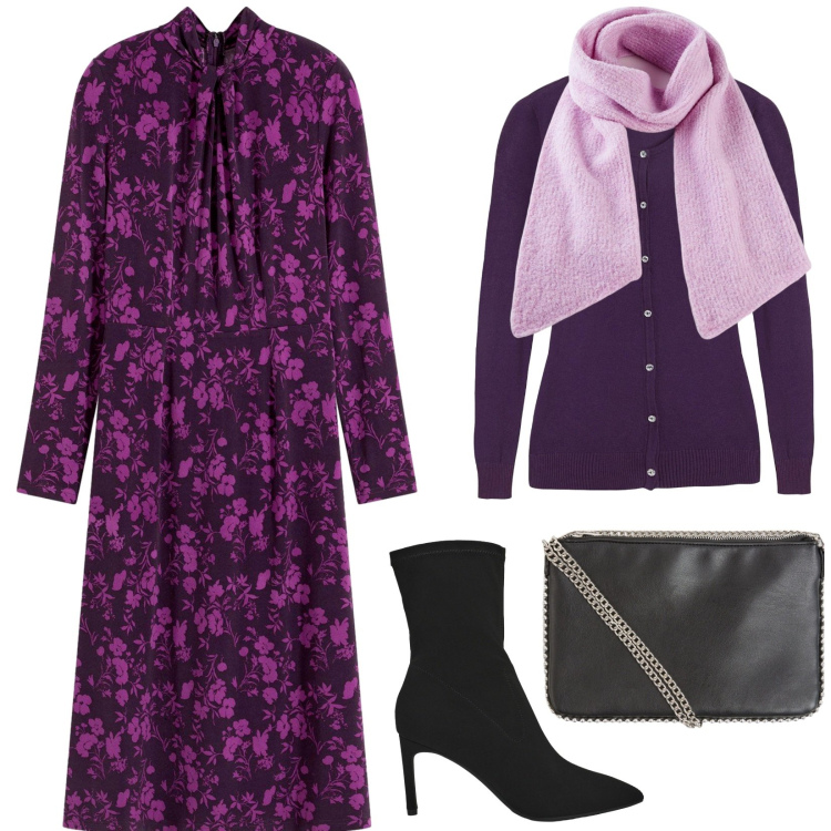 Outfit donna - Total look #2250522. Stile Bon Ton per Ufficio. Abbinamento con sciarpe, vestiti midi/longuette, cardigans, borse a tracolla, stivali.