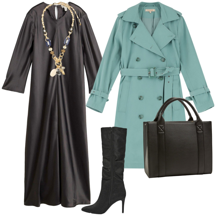 Outfit donna - Cena. per Serata fuori. Abbinamento con vestiti midi/longuette, borse tote, stivali, trench, collane.
