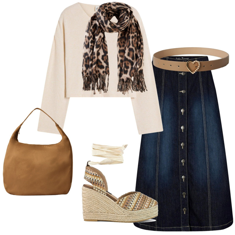 Outfit donna - Giornate di settembre. per Tutti i giorni. Abbinamento con cardigans, gonne longuette, foulard, cinture, borse a mano, zeppe.
