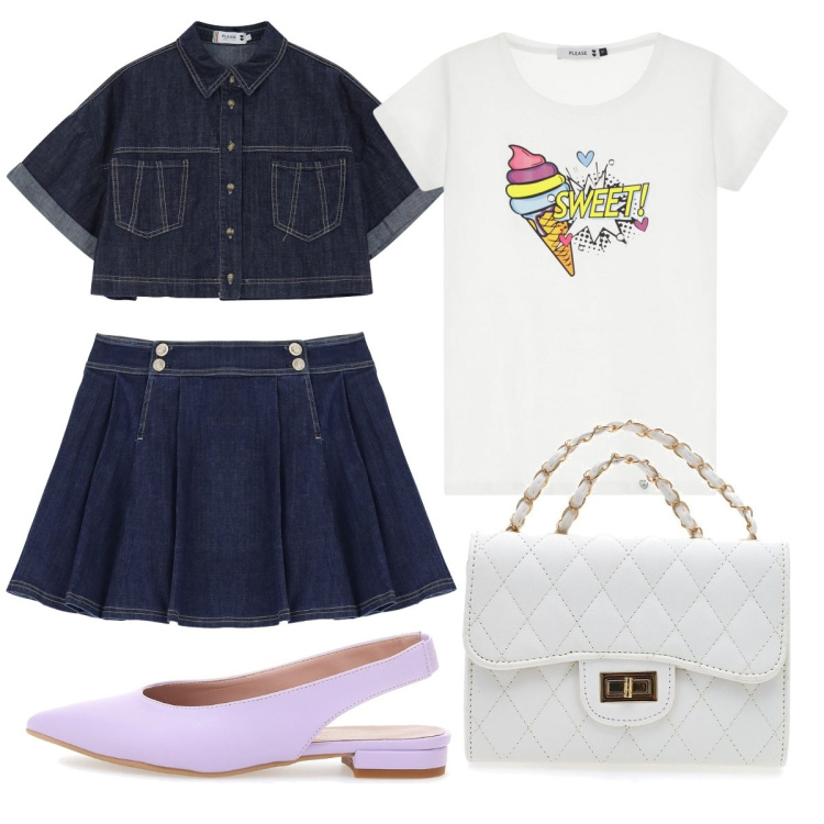 Outfit donna - Il completo in denim. Stile Casual chic per Tutti i giorni. Abbinamento con minigonne, blazer, t-shirt, ballerine, borse a tracolla.