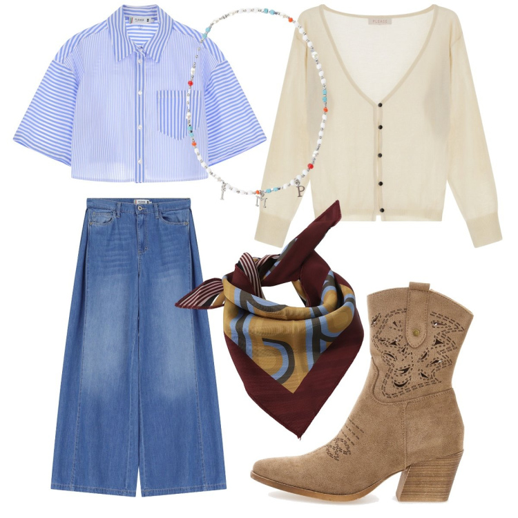 Outfit donna - Etnico urbano. Stile Etnico per Tutti i giorni. Abbinamento con cardigans, camicie, jeans, collane, foulard, stivaletti texani.