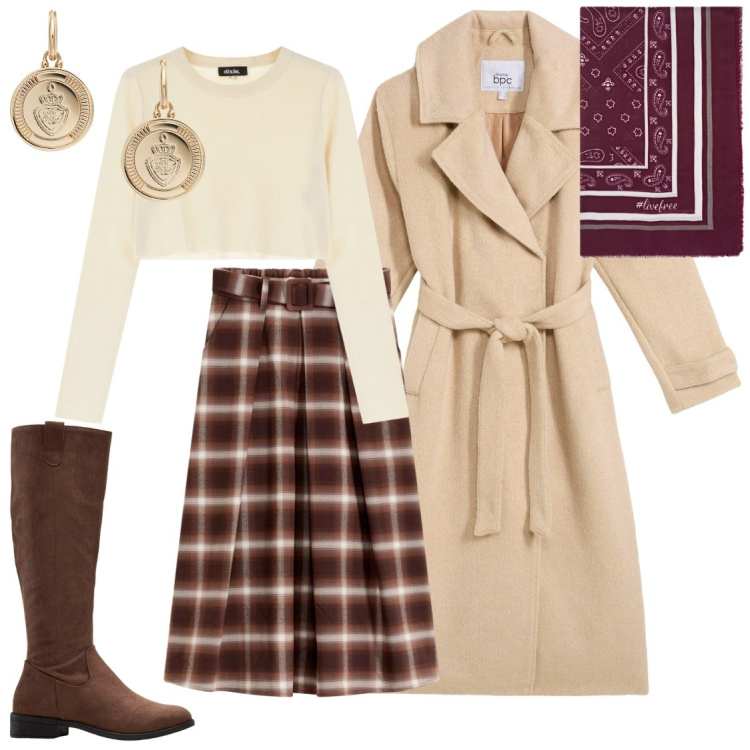 Outfit donna - Gonna scozzese. Stile Romantica per Tutti i giorni. Abbinamento con cappotti, stivali, gonne, pullovers, orecchini, foulard.