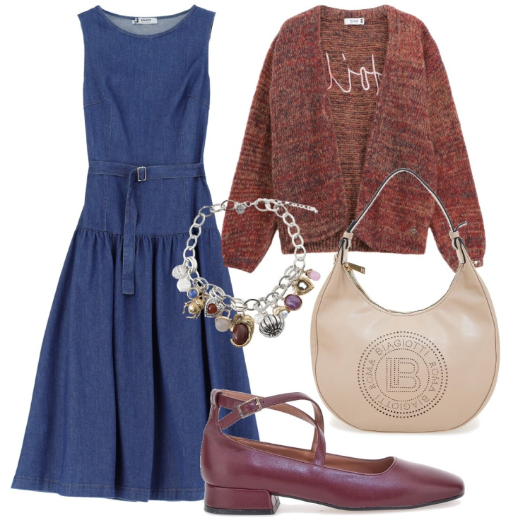 Outfit donna - L’abito midi in denim. Stile Bon Ton per Ufficio. Abbinamento con vestiti lunghi, cardigans, braccialetti con ciondoli, borse a spalla, ballerine.