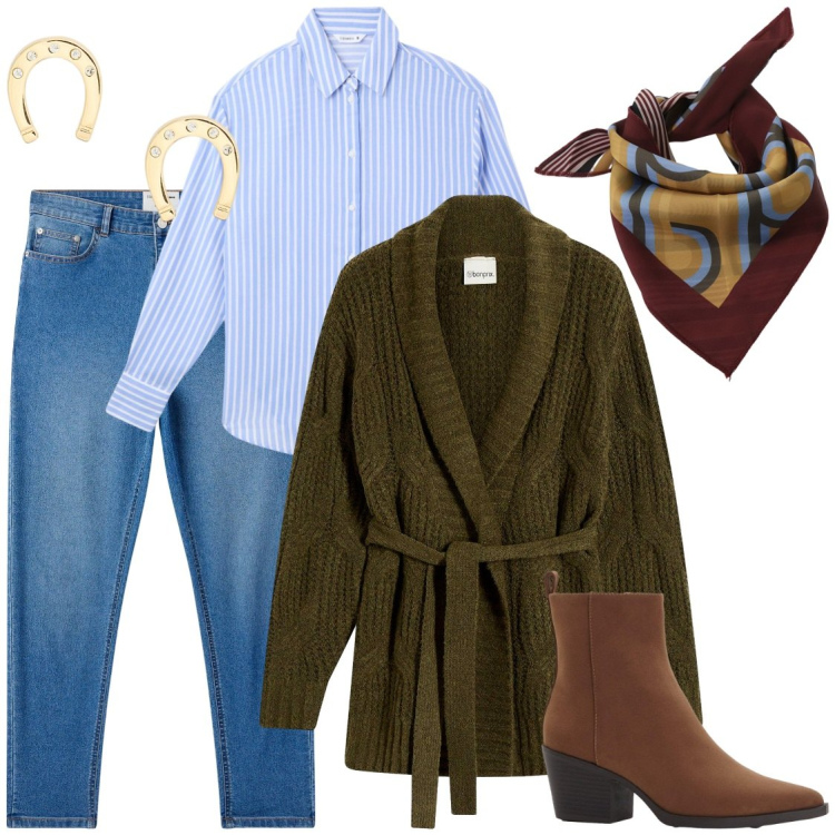 Outfit donna - Color castagna. Stile Casual chic per Tutti i giorni. Abbinamento con stivaletti texani, cardigans, camicie, jeans skinny, foulard, orecchini.