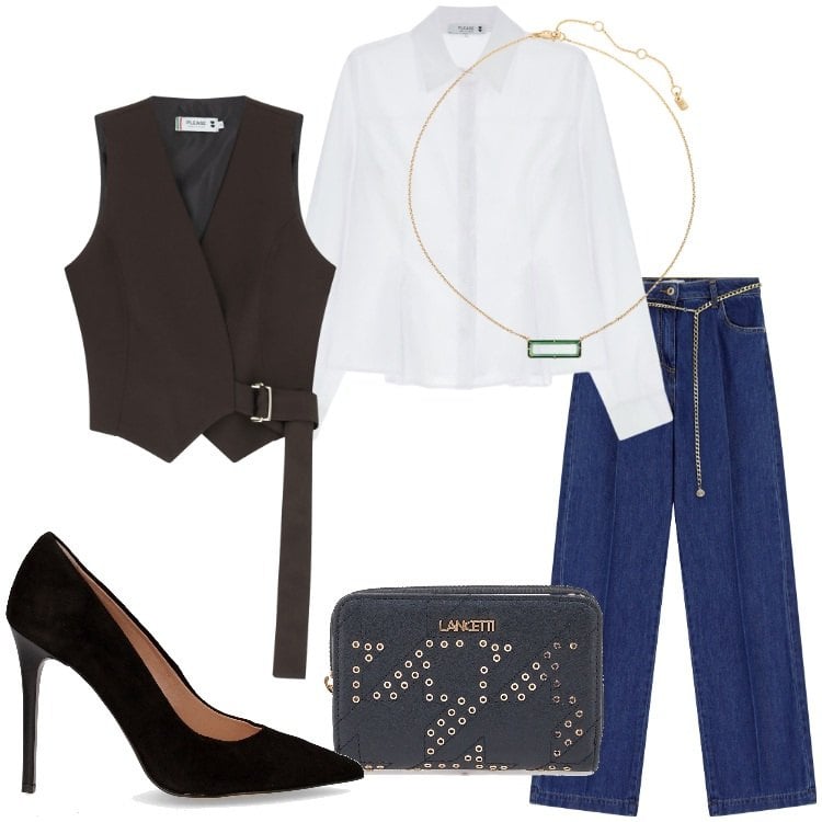 Outfit donna - Please FW 2025 takes New York. Stile Trendy per Serata fuori. Abbinamento con jeans, gilet, camicie, collane, portafogli, décolleté.