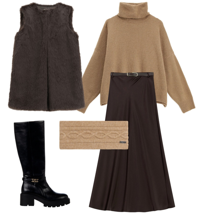 Outfit donna - City. Stile Urban per Tutti i giorni. Abbinamento con stivali sopra il ginocchio, gilet, gonne lunghe, maglieria, accessori per capelli.