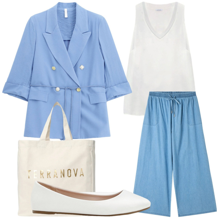 Outfit donna - Il blazer cielo. Stile Minimal per Tutti i giorni. Abbinamento con ballerine, pantaloni a palazzo, borse tote, blazer, top.