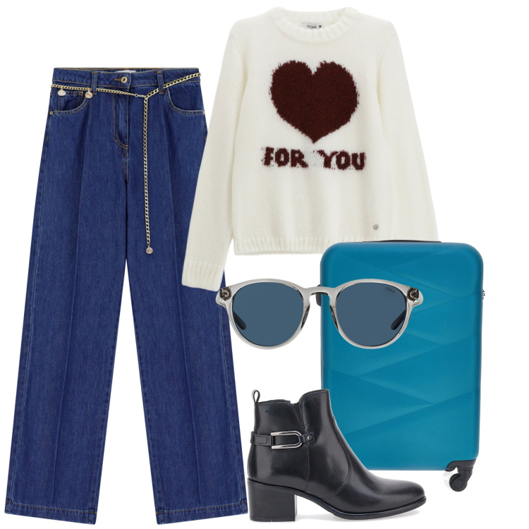 Outfit donna - Please FW 2025 takes New York. Stile Basic per Tutti i giorni. Abbinamento con jeans, pullovers, occhiali da sole, valigie, stivaletti.