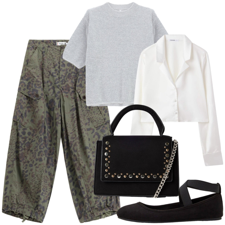 Outfit donna - Total look #2250563. Stile Minimal per Tutti i giorni. Abbinamento con ballerine, camicie, borse a tracolla, pantaloni cargo, maglieria.