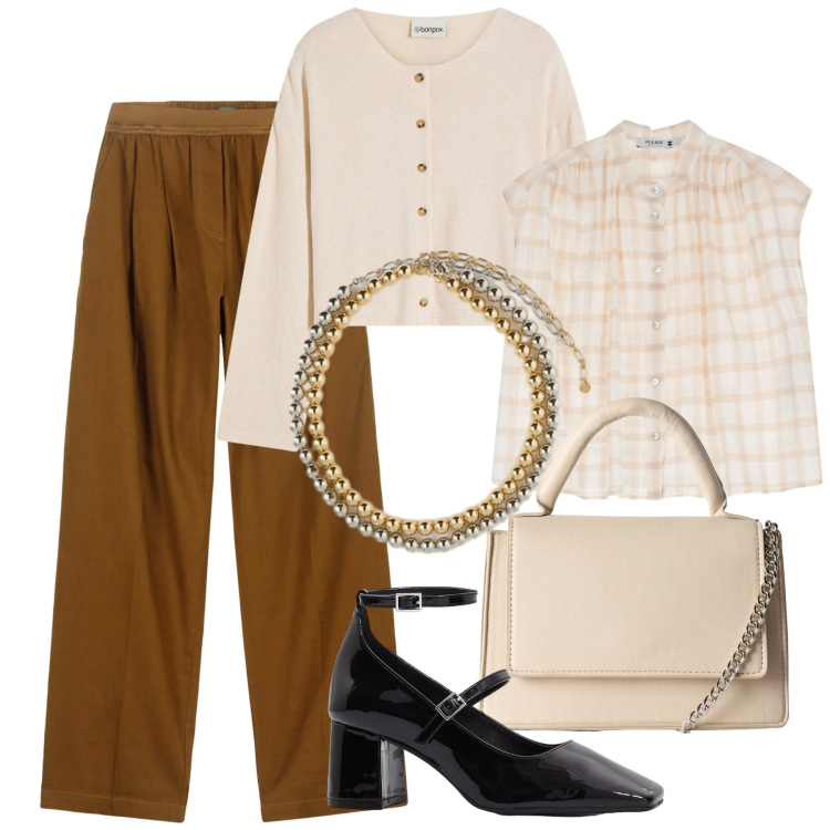 Outfit donna - Total look #2250574. Stile Chic per Ufficio. Abbinamento con décolleté, cardigans, borse a tracolla, camicie, pantaloni, collane.