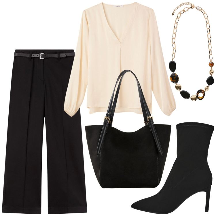 Outfit donna - Total look #2250576. Stile Chic per Ufficio. Abbinamento con shopping bag, pantaloni, bluse, stivali, collane.