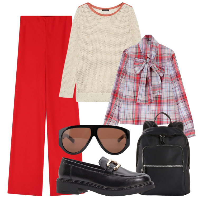 Outfit donna - Total look #2250578. Stile Urban per Tutti i giorni. Abbinamento con zaini, mocassini, camicie, occhiali da sole, pantaloni, maglieria.