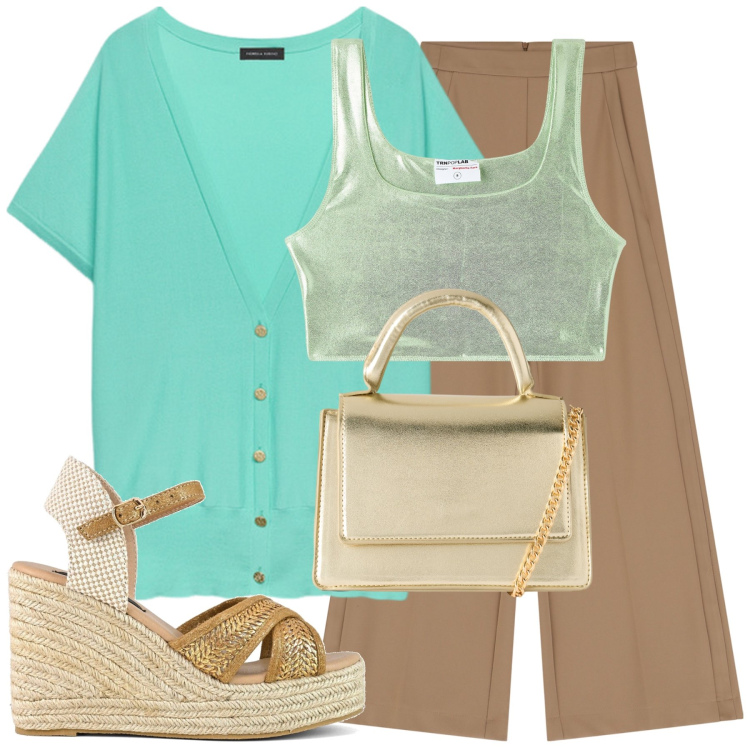 Outfit donna - Total look #2250580. Stile Casual chic per Tutti i giorni. Abbinamento con top, borse a tracolla, pantaloni a palazzo, zeppe, cardigans.