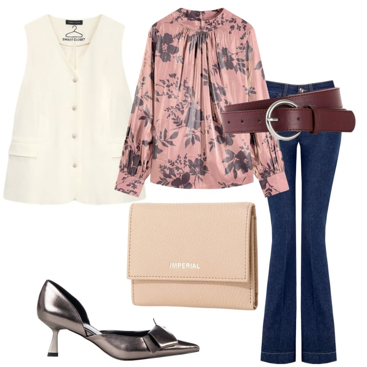Outfit donna - Total look #2250581. Stile Casual chic per Tutti i giorni. Abbinamento con tuniche, cinture, décolleté, jeans a zampa, portafogli, gilet.