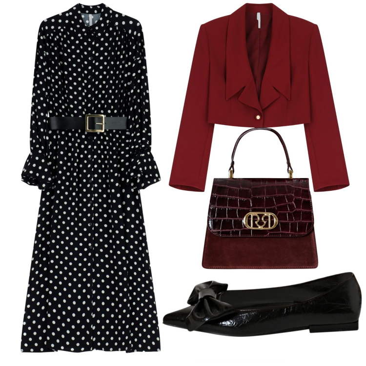 Outfit donna - Total look #2250583. Stile Bon Ton per Ufficio. Abbinamento con ballerine, borse a mano, vestiti midi/longuette, blazer.
