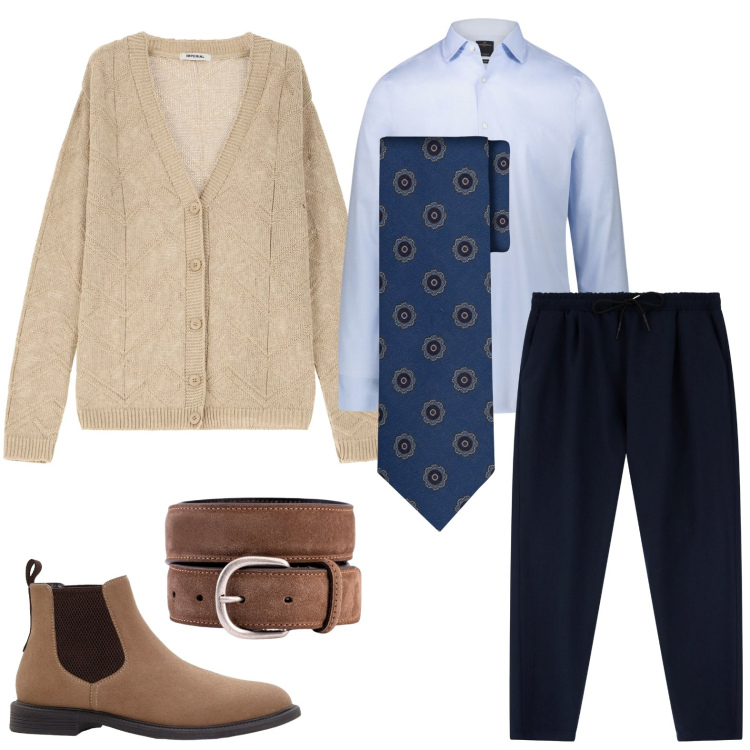 Outfit uomo - Autunno nell\'aria. Stile Trendy per Ufficio. Abbinamento con stivali e stivaletti, pantaloni, cardigans, camicie, cinture, cravatte.