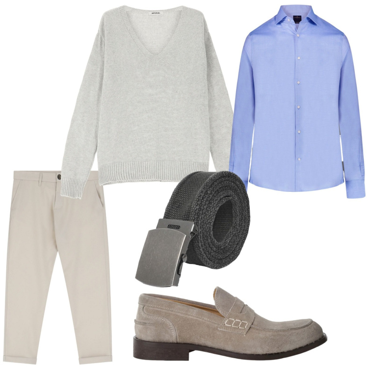 Outfit uomo - Trendy. Stile Trendy per Ufficio. Abbinamento con cinture, pantaloni chino, maglieria, scarpe stringate, camicie.