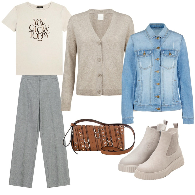 Outfit donna - Gita in jeans. Stile Casual per Tutti i giorni. Abbinamento con blazer, stivaletti, borse a spalla, pantaloni a palazzo, t-shirt, cardigans.