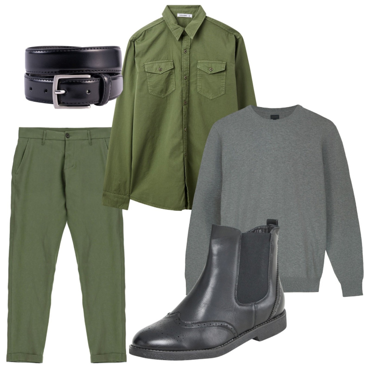 Outfit uomo - Aperitivo serale. Stile Trendy per Ufficio. Abbinamento con stivali e stivaletti, camicie, pantaloni, cinture, maglieria.