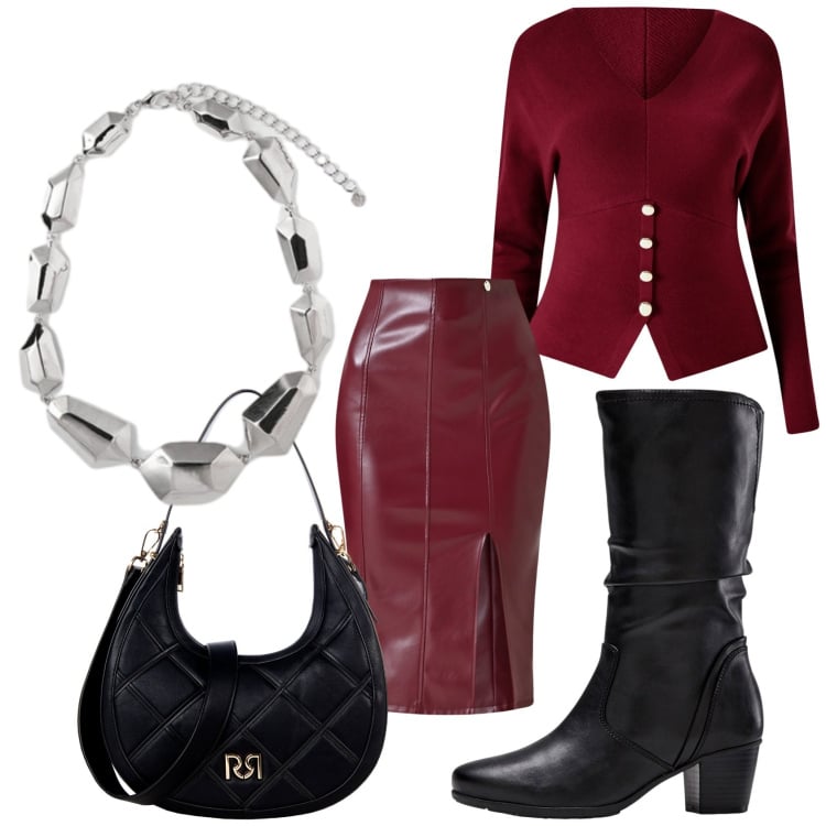 Outfit donna - Total look #2250594. Stile Chic per Ufficio. Abbinamento con stivali, gonne longuette, maglieria, borse a tracolla, ciondoli.