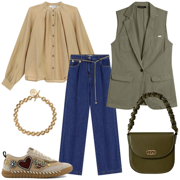 Outfit donna - Brunch a settembre. Stile Casual chic per Tutti i giorni. Abbinamento con borse a mano, jeans, camicie, gilet, braccialetti, sneakers.