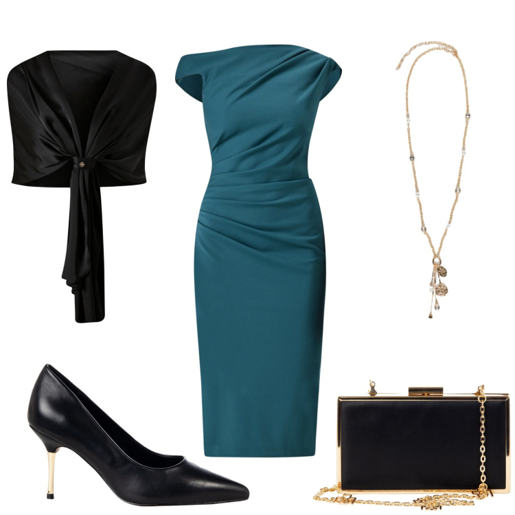 Outfit donna - Cerimonia a Settembre. Stile Glamour per Cerimonia. Abbinamento con vestiti a tubino, scialli, décolleté, pochette, ciondoli.