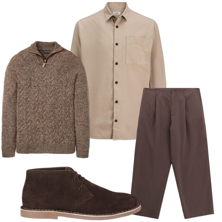 Outfit uomo - Guardaroba cioccolato. Stile Trendy per Ufficio. Abbinamento con maglieria, camicie, pantaloni, stivali e stivaletti.