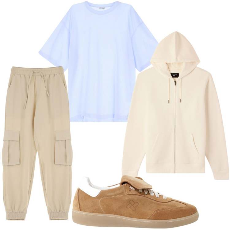 Outfit uomo - Cargo e felpa. Stile Trendy per Tutti i giorni. Abbinamento con felpe con cappuccio, t-shirt, pantaloni cargo, sneakers.