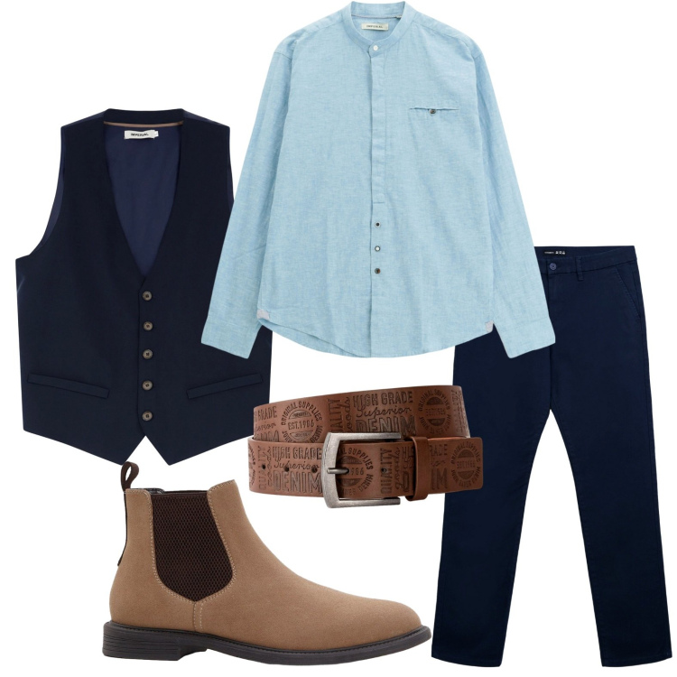 Outfit uomo - Gilet trendy. Stile Trendy per Tutti i giorni. Abbinamento con cinture, stivali e stivaletti, pantaloni chino, gilet, camicie.