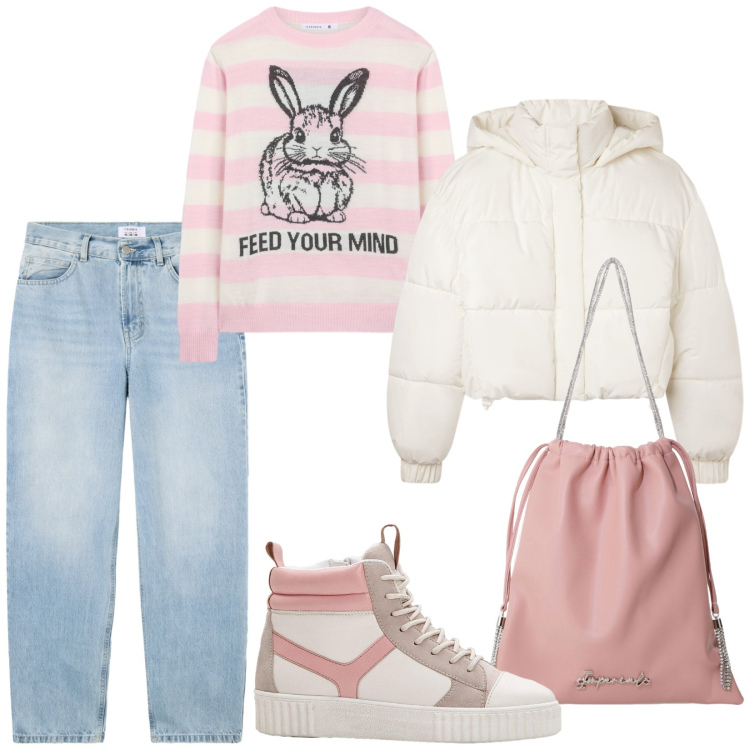 Outfit donna - Total look #2250603. Stile Basic per Scuola/Università. Abbinamento con sneakers alte, bomber, jeans dritti, maglieria, borse a secchiello.