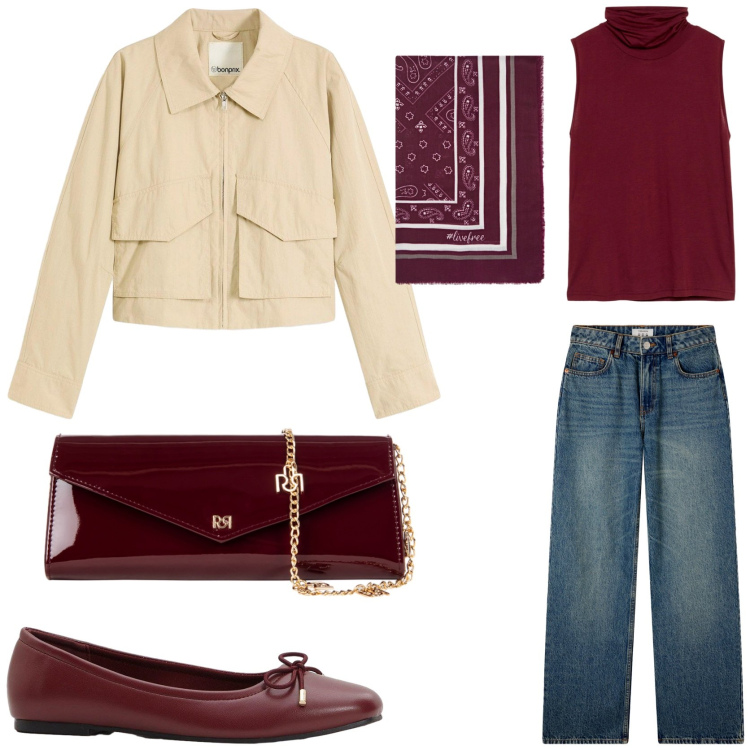 Outfit donna - Bordeaux di tendenza. Stile Trendy per Tutti i giorni. Abbinamento con ballerine, top, trench, jeans, pochette, foulard.