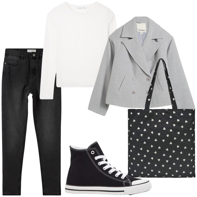 Outfit donna - Total look #2250606. Stile Basic per Tutti i giorni. Abbinamento con sneakers alte, caban, jeans skinny, borse tote, t-shirt.