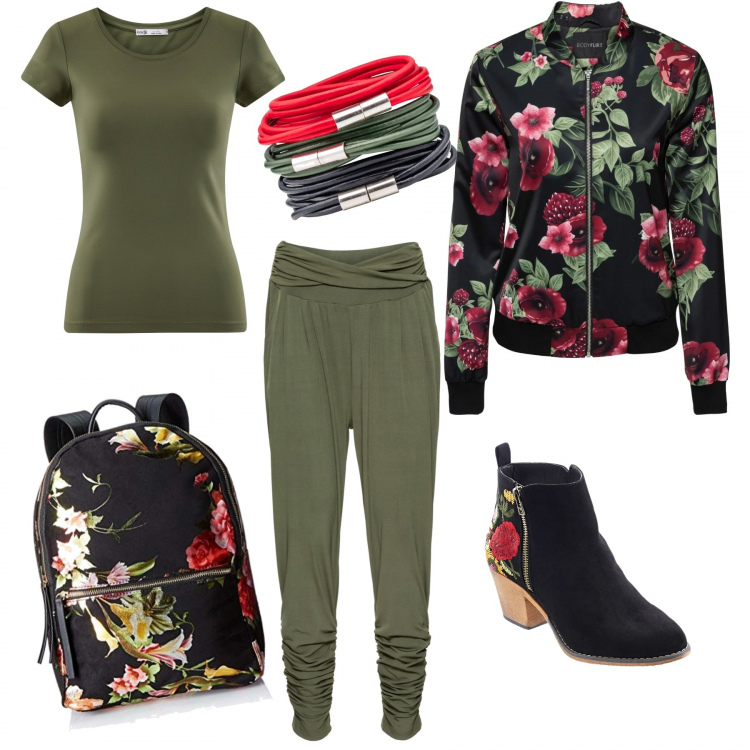 Outfit donna - Mimetica a fiori. Stile Trendy per Scuola/Università. Abbinamento con stivaletti, pantalone con arricciature jersey verde, bomber fantasia con zip nero, braccialetti, borsa zainetto nero, t-shirt con scollo a maniche corte aderente verde.