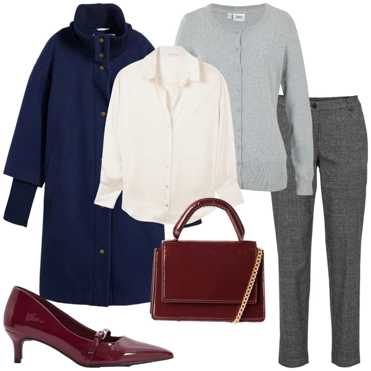 Outfit donna - Total look #2250610. Stile Glamour per Ufficio. Abbinamento con décolleté, cardigans, pantaloni chino, cappotti, borse a tracolla, camicie.