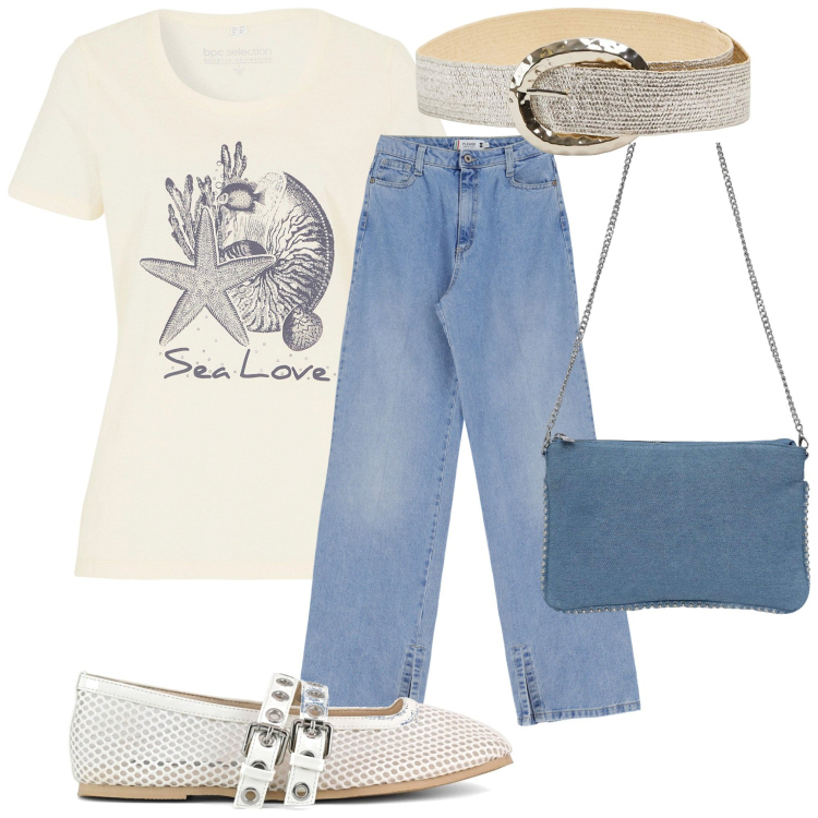 Outfit donna - Per il giorno. Stile Basic per Tutti i giorni. Abbinamento con t-shirt, cinture, borse a tracolla, jeans, ballerine.
