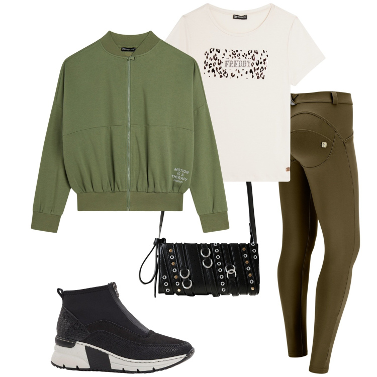 Outfit donna - Total look #2250616. Stile Sporty chic per Tutti i giorni. Abbinamento con sneakers, borse a spalla, felpe, pantaloni skinny, t-shirt.