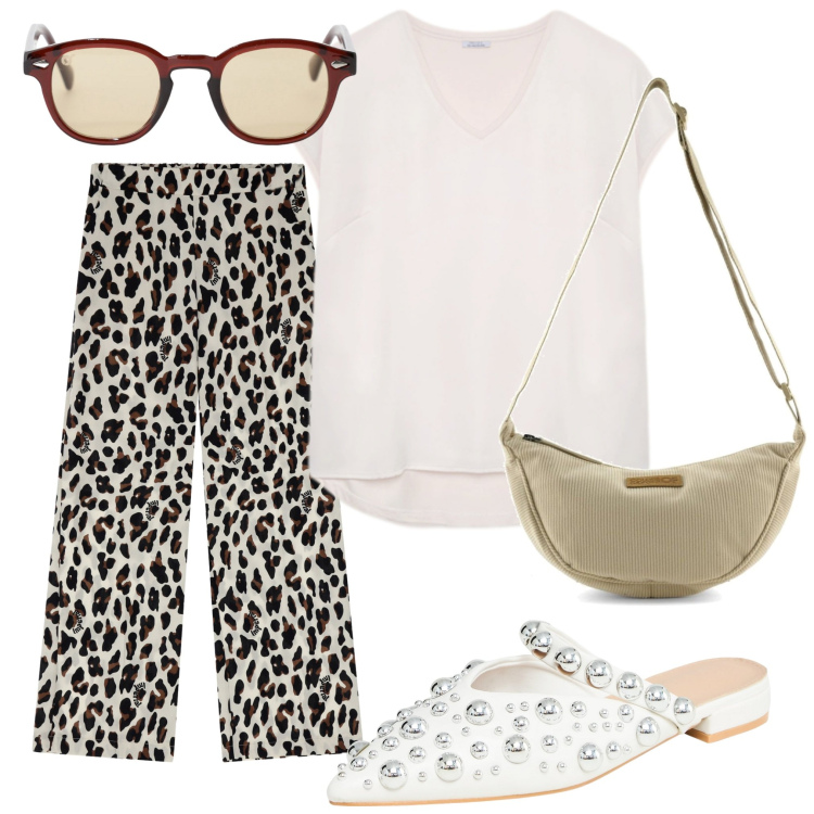Outfit donna - Il giro al pomeriggio. Stile Basic per Tutti i giorni. Abbinamento con ballerine, occhiali da sole, pantaloni a palazzo, borse a tracolla, bluse.