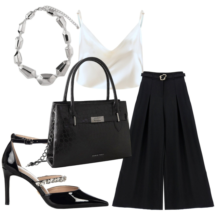 Outfit donna - Classico bianco e nero. Stile Bon Ton per Serata fuori. Abbinamento con borse a mano, canottiere, décolleté, pantaloni, ciondoli.