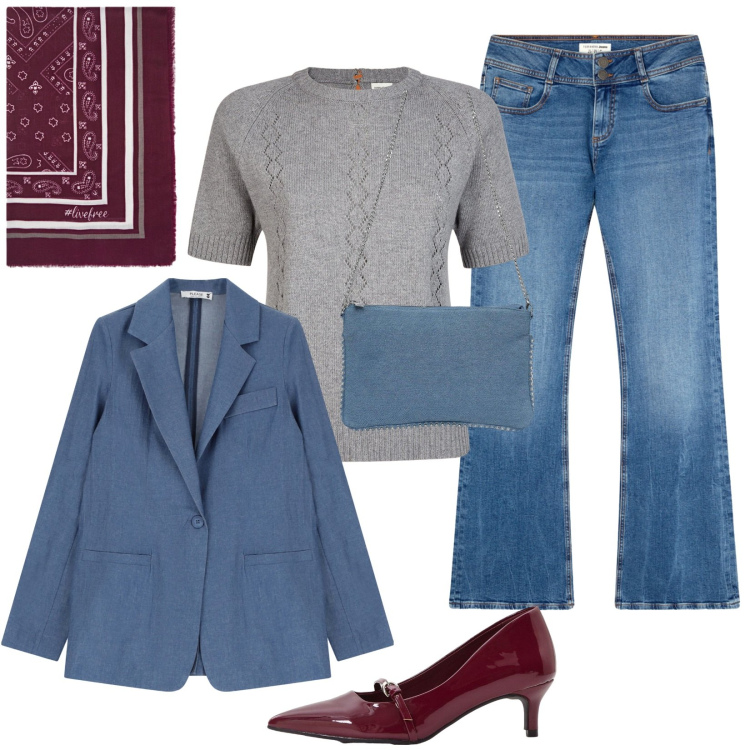 Outfit donna - Casual in città. Stile Casual per Ufficio. Abbinamento con décolleté, jeans a zampa, borse a tracolla, blazer, maglieria, foulard.