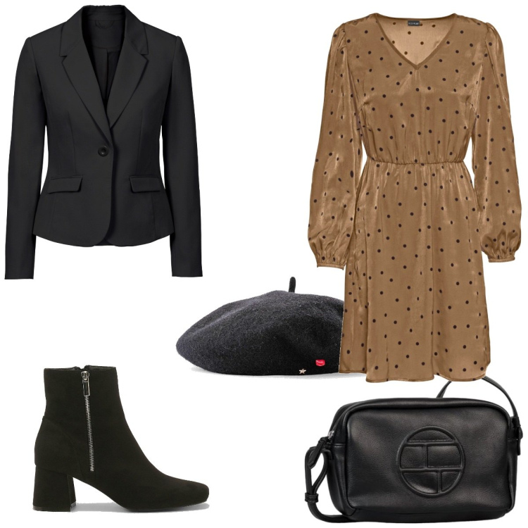 Outfit femme - Robe a pois et béret. Style Tendance pour Tous les jours. Assortir avec robes, blazers, bonnets, bottines, sacs en bandoulière.