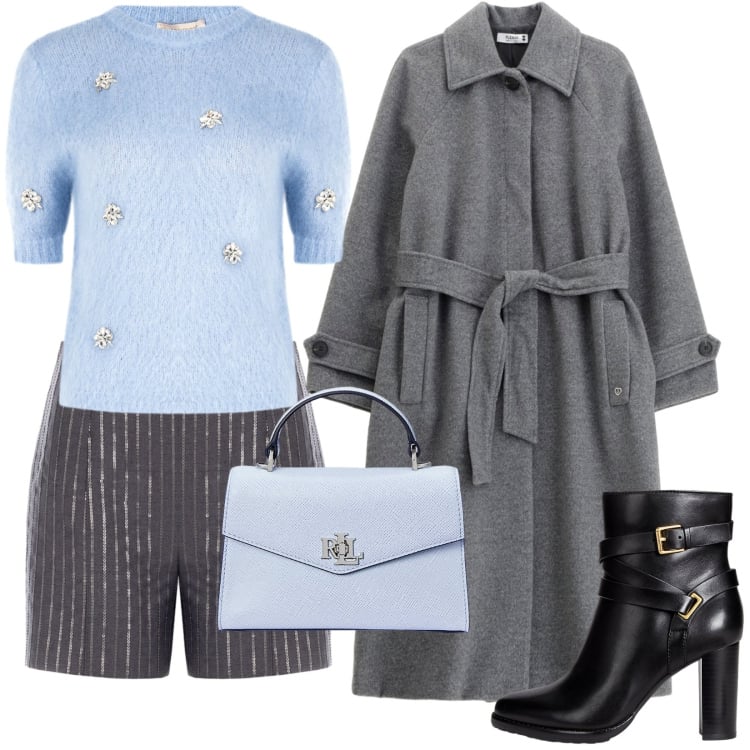 Outfit donna - Maglioncino azzurro con Pietre. Stile Casual per Tutti i giorni. Abbinamento con maglieria, shorts, cappotti, stivaletti, borse a mano.