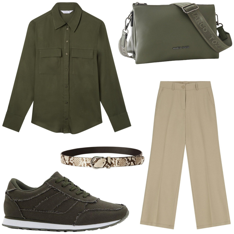 Outfit donna - Verde bosco autunnale. Stile Casual chic per Tutti i giorni. Abbinamento con borse a tracolla, sneakers, cinture, camicie, pantaloni.
