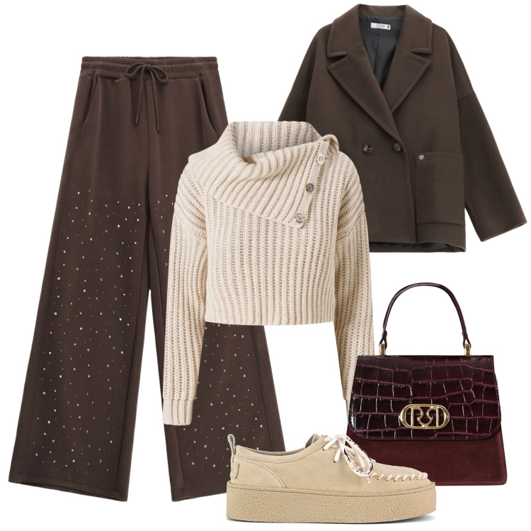 Outfit donna - Rilassata al lavoro. Stile Casual chic per Ufficio. Abbinamento con maglieria, borse a mano, cappotti, pantaloni, mocassini.