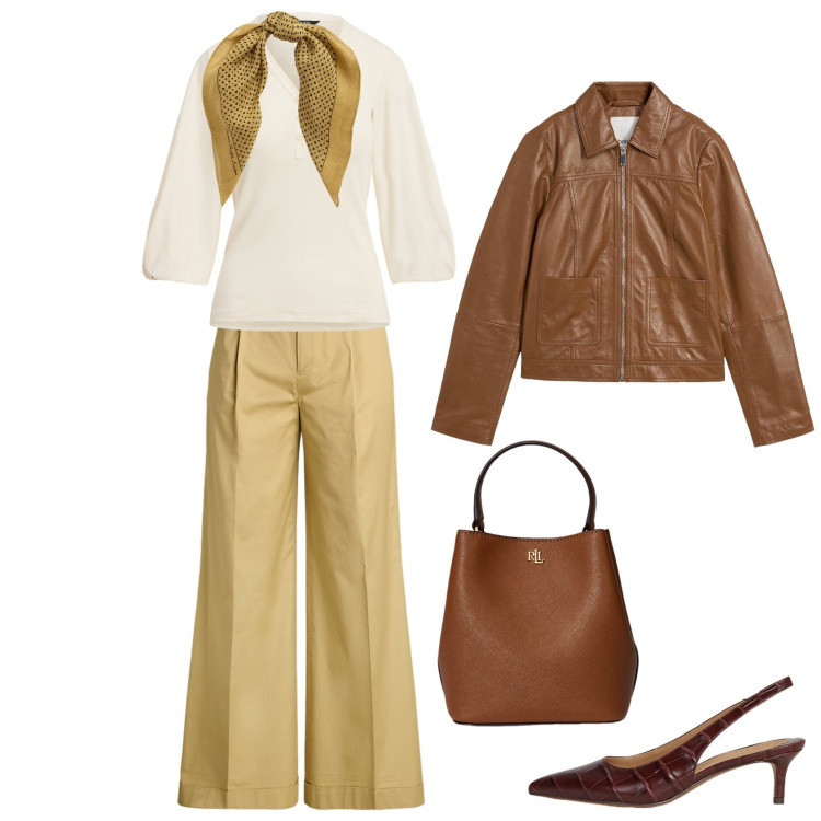 Outfit donna - Informale con stile. Stile Casual chic per Tutti i giorni. Abbinamento con blazer, borse a secchiello, pantaloni, foulard, décolleté, maglieria.