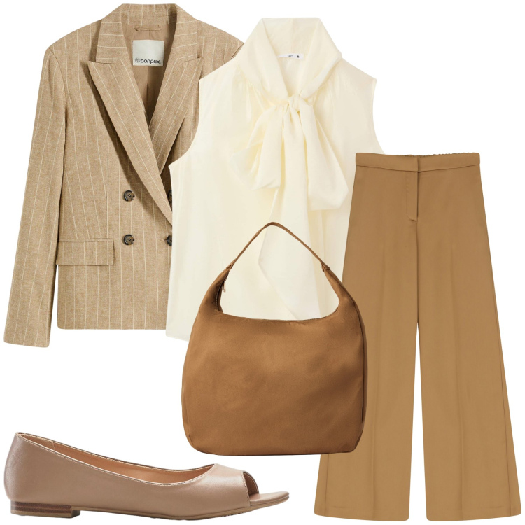 Outfit donna - un dolce autunno. Stile Casual chic per Tutti i giorni. Abbinamento con blazer, ballerine, bluse, borse a mano, pantaloni.