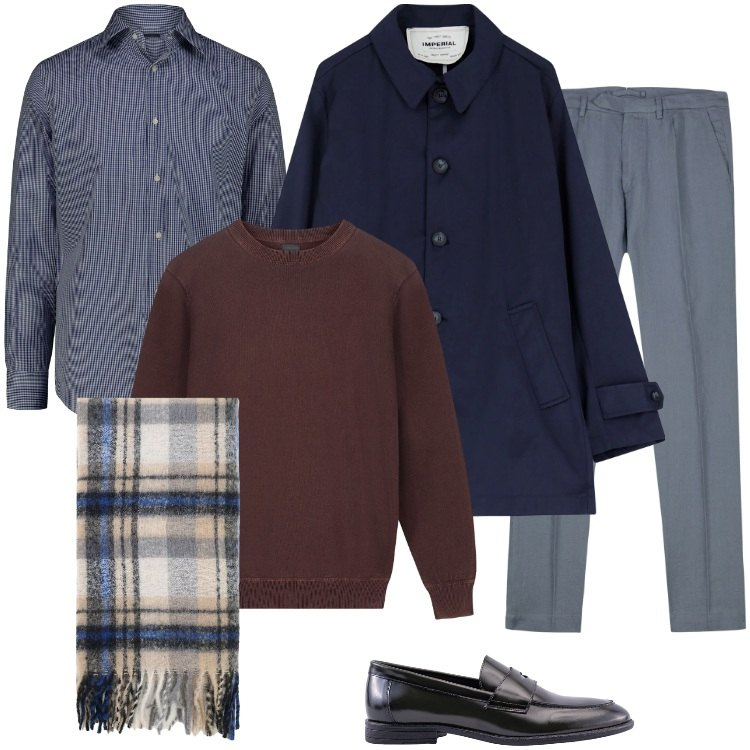 Outfit uomo - Total look #2250647. Stile Casual per Ufficio. Abbinamento con trench, sciarpe, pantaloni, scarpe stringate, camicie, maglieria.